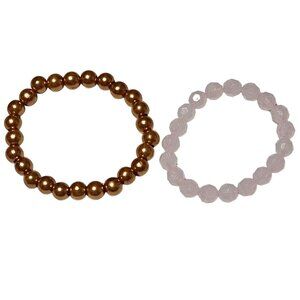 Retro Beaded Stretch Bracelets Pink Gold Beads Fashion Jewelry Women Set of 2